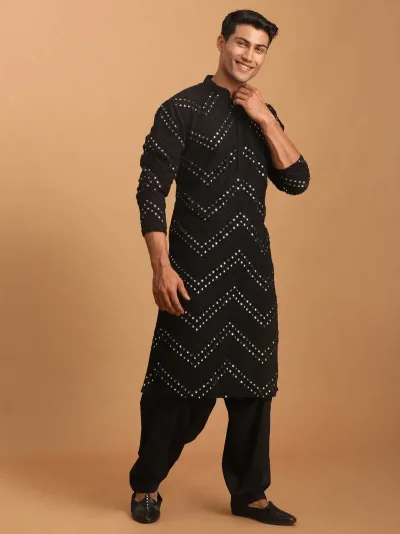 Black Georgette Mirror Work Kurta And Patiala Pant Set